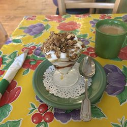 Yogurt parfait with fresh fruit, granola, and local maple syrup. Coffee was hot and delicious!