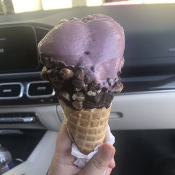 Henry's Homemade Ice Cream - Black Raspberry & triple chocolate in a chocolate almond waffle cone - Ice Cream & Frozen Yogurt Near Me - Plano, Texas