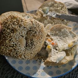 The Original Bagel Factory - Everything bagel with veggie cream cheese