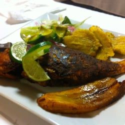 Pargo Rojo Frito ~ Red Snapper with rice, beans, plantains, avocado & salad