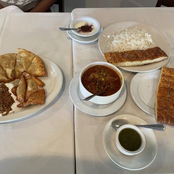 Kabul Afghan Cuisine - Chefs Platter and Matar Challaw with yogurt dressing (order this!) and green chatnee sauces - Afghan Near Me - San Carlos, California