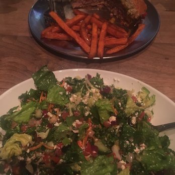 Eureka! - Protein chopped salad & bison burger sub sweet potato fries (which come with cinnamon sugar) - American Near Me - Austin, Texas Eureka! - Protein chopped salad & bison burger sub sweet potato fries (which come with cinnamon sugar) - American Near Me - Austin, Texas