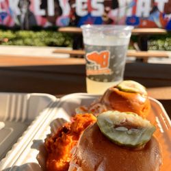 Bred's Nashville Hot Chicken - Cauliflower sliders for us vegetarians and vegans (without the slaw).