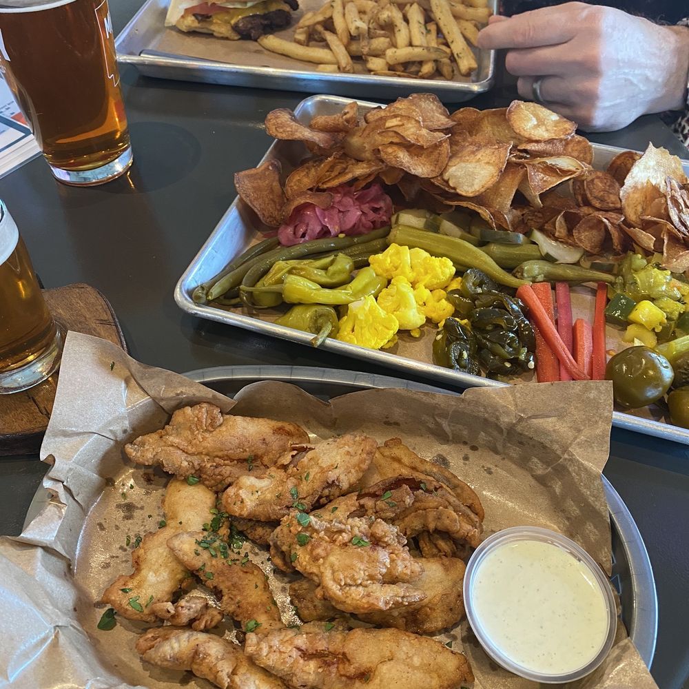 Duck tenders, pickle tray, burger Duck tenders, pickle tray, burger
