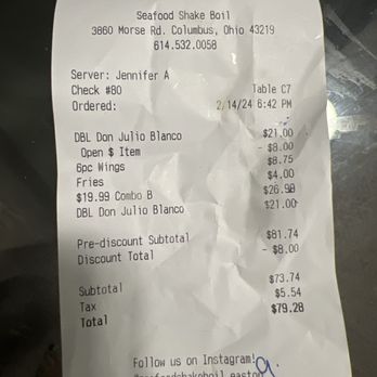 Seafood Shake Boil - Us being charged for double shots when we asked for single shots - Seafood Near Me - Columbus, Ohio