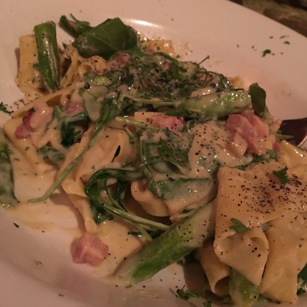 The Bellport - Pappardelle special with asparagus, pancetta, and kale, in a lemon yolk sauce - New American Near Me - Bellport, New York