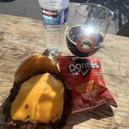 Burger, beer, chips, water Burger, beer, chips, water
