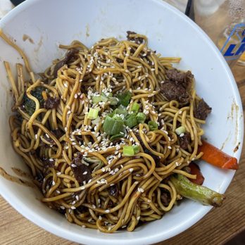 Junkyard Bistro - Mongolian noodles. The menu doesn't show its spicy, it's the less spicy of the noodle options. It was spicy for me - Brasseries Near Me - Salmon, Idaho