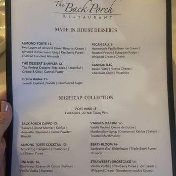 The Back Porch Restaurant - Dessert menu - American Near Me - Belle Vernon, Pennsylvania The Back Porch Restaurant - Dessert menu - American Near Me - Belle Vernon, Pennsylvania