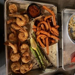 Saltwater Cowboys - Fried shrimp, sweet potato fries, and asparagus
