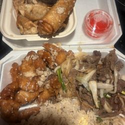 Mongolian beef, sweet and sour chicken, pan fried Goya.  The portions are Yuuuge
