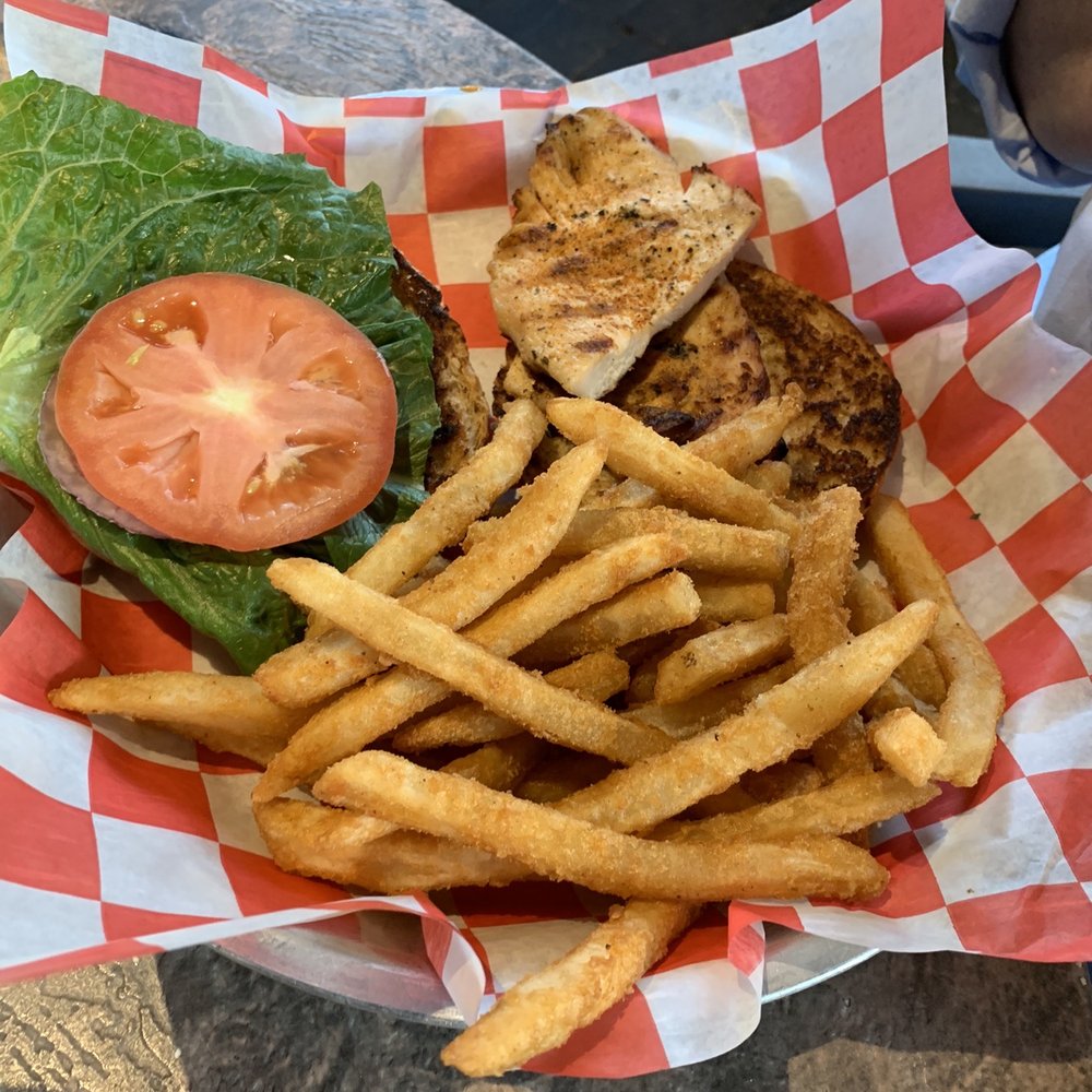 Five Points Cafe - Grilled Cajun Chicken Sandwich, without Cajun sauce ONTOP - Burgers Near Me - Sayville, New York