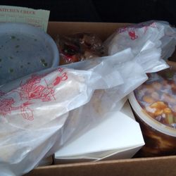 Peking Restaurant - Crab Rangoon, Veggie soup, Kung Pao Chicken, and Orange Chicken