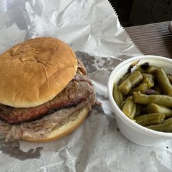 The Real Pit BBQ - Sliced Moist brisket sandwich with green beans