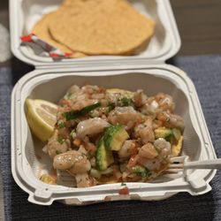 Shrimp taco, comes with lemon, tapatio, ketchup, salt