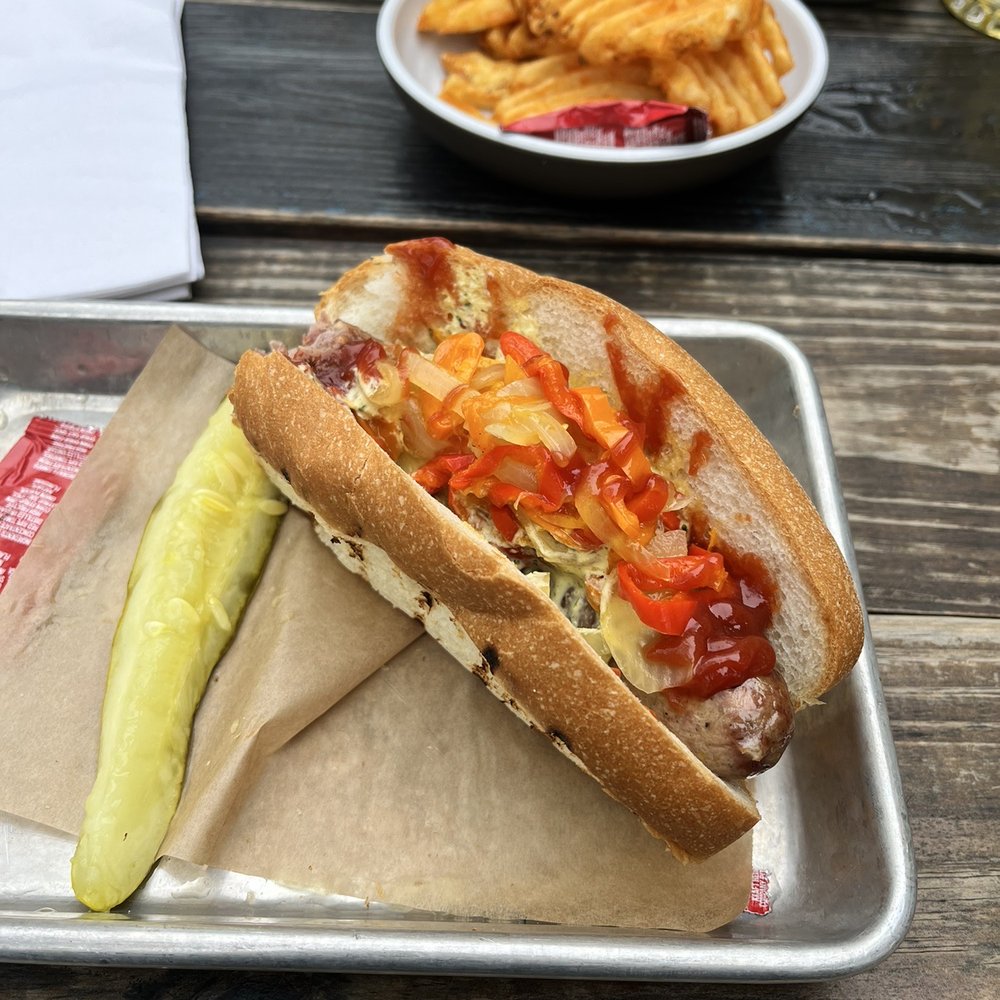 Easy Tiger - Kielbasa sausage and waffle fries - Beer Gardens Near Me - Austin, Texas Easy Tiger - Kielbasa sausage and waffle fries - Beer Gardens Near Me - Austin, Texas