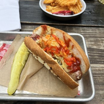 Easy Tiger - Kielbasa sausage and waffle fries - Beer Gardens Near Me - Austin, Texas Easy Tiger - Kielbasa sausage and waffle fries - Beer Gardens Near Me - Austin, Texas