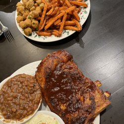 Harvest Moon Low Country Grille - Bbq rib special (beaked beans and coleslaw) and seafood trio special (fried okra and sweet potato fries)