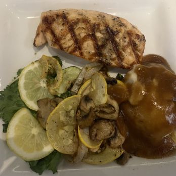 Mid City Grill - Salmon steak w/mashed potato and gravy and grilled veggies - American Near Me - Cripple Creek, Colorado Mid City Grill - Salmon steak w/mashed potato and gravy and grilled veggies - American Near Me - Cripple Creek, Colorado