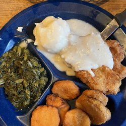 Martha's Restaurant - Country Fried Steak w/ white gravy, mashed potatoes, fried yellow squash, turnip greens