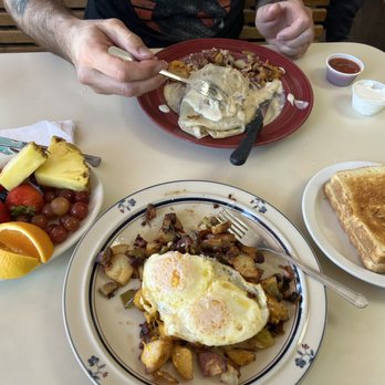 Ok Cafe - Doc Holliday Burrito, Cowboy Skillet w/sourdough bread, and a side of fresh fruits - American Near Me - Tombstone, Arizona