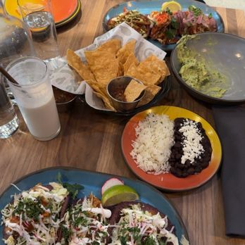 Puesto Concord - Baja Fish Tacos on bottom, rice and beans, Classic Guacamole - Mexican Near Me - Concord, California