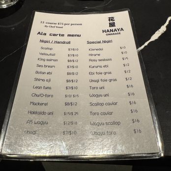 Hanaya Omakase - Menu omakase (all the items down the left side) and a la carte - Sushi Bars Near Me - New York, New York Hanaya Omakase - Menu omakase (all the items down the left side) and a la carte - Sushi Bars Near Me - New York, New York