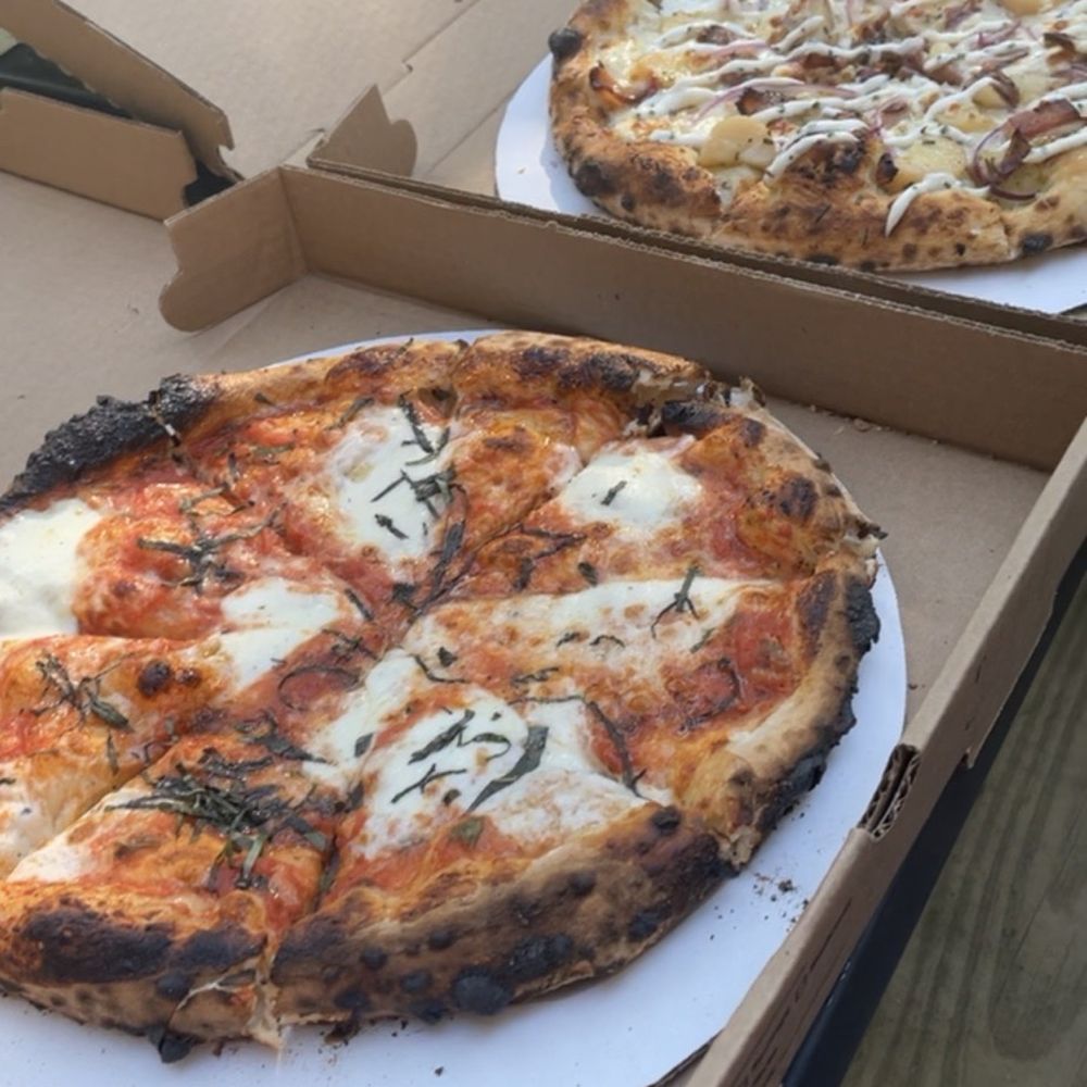 Ella's Wood Burning Oven Restaurant - Margarita and potato bacon pizza - New American Near Me - Wareham, Massachusetts