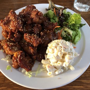 Aloha Mixed Plate - Mochiko Chicken, Mac Salad, and Green Salad - Hawaiian Near Me - Lahaina, Hawaii Aloha Mixed Plate - Mochiko Chicken, Mac Salad, and Green Salad - Hawaiian Near Me - Lahaina, Hawaii