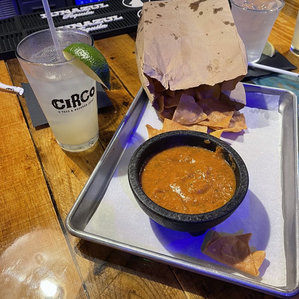 Circo - Red Salsa and happy hour margarita - chips are so good! - Mexican Near Me - Sarasota, Florida