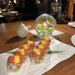 Shrimp Tempura and Spicy Salmon Roll