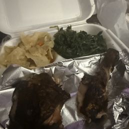 1/4 Jerk Chicken dark , spinach, cabbage