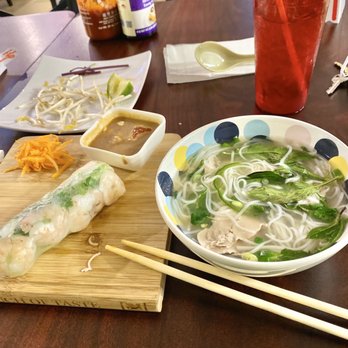 V Cafe - Kid bowl pho with eye round steak + shrimp spring rolls (comes in 2, I couldn't wait for a pic so I ate one, it was so delicious) - Vietnamese Near Me - Austin, Texas