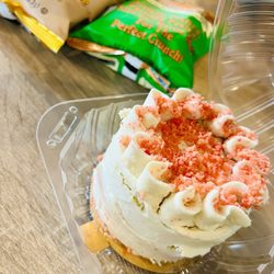 Hojas Tea House - Strawberry Shortcake mini cake with chips in the background. Waiting on my egg salad sandwich on squaw bread.