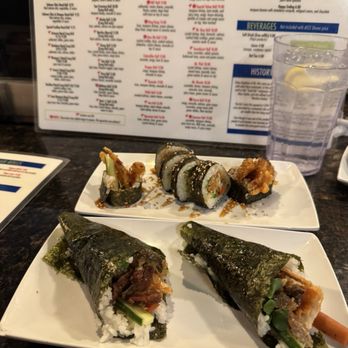 Sushi Pier Tahoe - Salmon Skin Hand Roll; Spider Roll - Sushi Bars Near Me - Stateline, Nevada