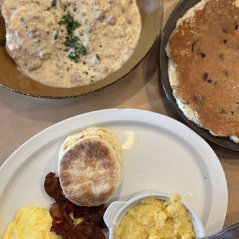 Fixins - Cape fear combo with chocolate chip pancake and biscuits and gravy - Breakfast & Brunch Near Me - Oak Island, North Carolina
