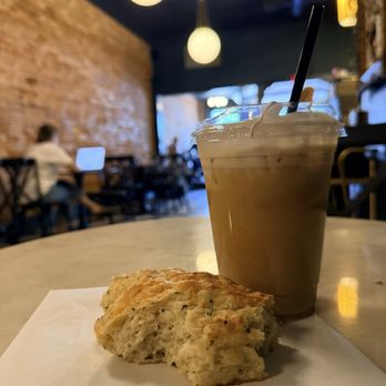 Flying Fox Coffee - Pepper jack herb scone and All Thyme Low latte with oat milk - Coffee & Tea Near Me - Greer, South Carolina