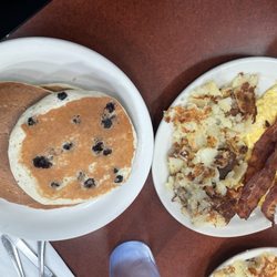 Blueberry Hotcakes, Two Eggs and Potatoes, Bacon