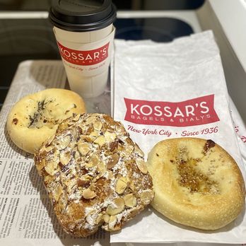 Kossar's Bagels & Bialys - Almond croissant with bialys and pretty good drip coffee. - Bagels Near Me - New York, New York Kossar's Bagels & Bialys - Almond croissant with bialys and pretty good drip coffee. - Bagels Near Me - New York, New York