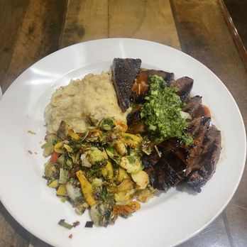 The Twisted Fork - teriyaki glazed flank steak with chimichurri sauce, wasabi mashed potatoes, and a veggie medley. - New American Near Me - Reno, Nevada
