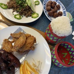 White Pearl Restaurant - Fried meatballs, lap beef, mixed plate app with chicken wings, Lao sausage, beef jerky, sticky rice @veefoodlife