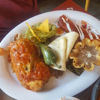 Villa Ortega's - Chili relleno combo plate with an enchilada & a piece of carne asada served on a nopale. - Seafood Near Me - Puerto Nuevo, BCN