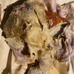 My roast beef today. Why is it yellow and not looking anything like the Arby's ads? My roast beef today. Why is it yellow and not looking anything like the Arby's ads?