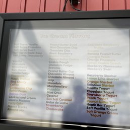 a list of dairy products - A digital menu board lists ice cream flavors including vanilla, chocolate, strawberry, and seasonal options at Bethlehem Dairy Store.