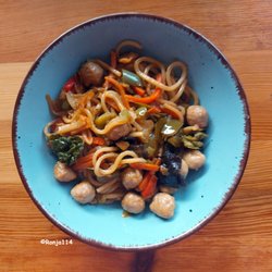 Cooking - Spaghetti, chicken dumplings, lots of fresh vegetables with soy sauce