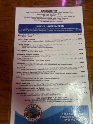 Menu photo 1 Duffy's Place Valparaiso, IN