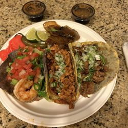 3 tacos...shrimp, chicken and beef!