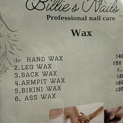 Billie's Nails - Waxing menu