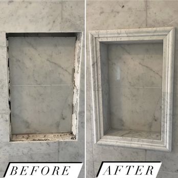 Grout Works - Marble shower soap, niche tile repair before and after. - Grout Services Near Me