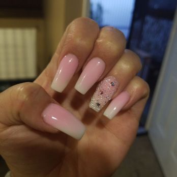 TJ Nails - Bright pink and whit Ombre with diamonds - Nail Salons Near Me - Whittier, California TJ Nails - Bright pink and whit Ombre with diamonds - Nail Salons Near Me - Whittier, California